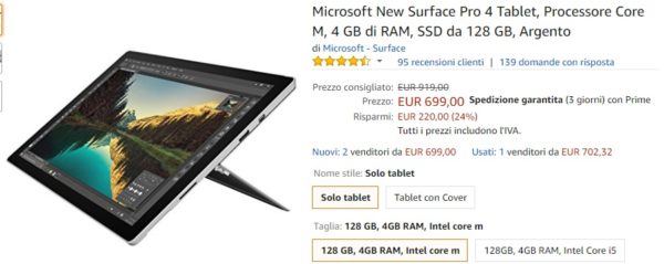Surface Pro 4 (Intel M3) in offerta a 699€ | Amazon Italia