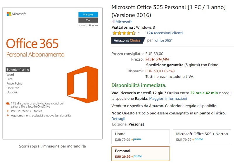 Microsoft Office 365 Personal in offerta su  Italia a 29,99